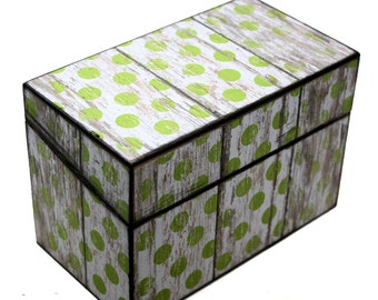 Wood Recipe Box Faux Barn Wood Green Polka Dots Fits 4x6 Recipe Cards