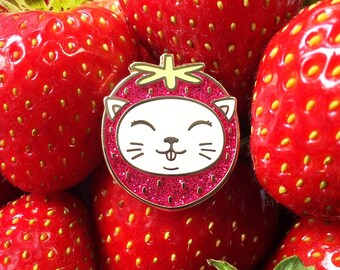 Cat enamel pin, enamel pin, lapel pin, strawberry enamel pin, cat gifts, cat brooch, cute enamel pins, white cat pin, cat pin, cats