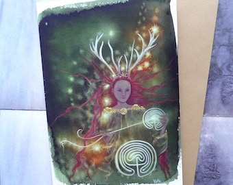 Path Weaver A5 Art Card, Greetings Card, Elen of the Ways, Goddess Elen, Reindeer Goddess, Antlered Goddess, Spiritual, Healing, labryinth