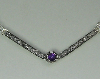 Curved bar necklace with amethyst, sterling silver chevron necklace, February birthstone, vintage style boho layering necklace