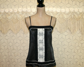 Sleeveless Top Silk Blouse Small Summer Spaghetti Strap Boho Black Print Embroidered Lace Boho Clothing Silk Top Boho Top Womens Clothing