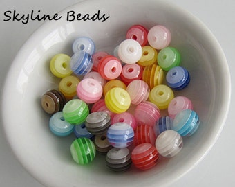 40 Bright Colorful, Striped, Round Acrylic Beads - 8mm