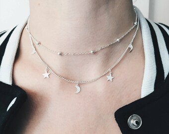 Moon & Star Layered Choker Necklace | Crescent Moon and Star Necklace | Dainty Minimalist Simple Necklace | Boho Necklace | Gift Idea