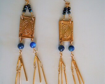 Long dangle style antique chic handmade blue kyanite and 14 k gold.