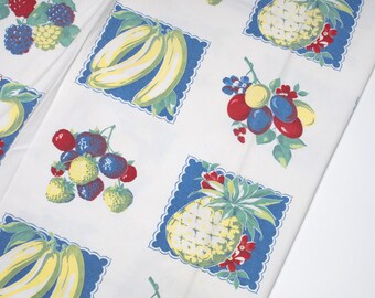 Vintage Tablecloth 50's, fruit in repeating blue square pattern on white background 1950's