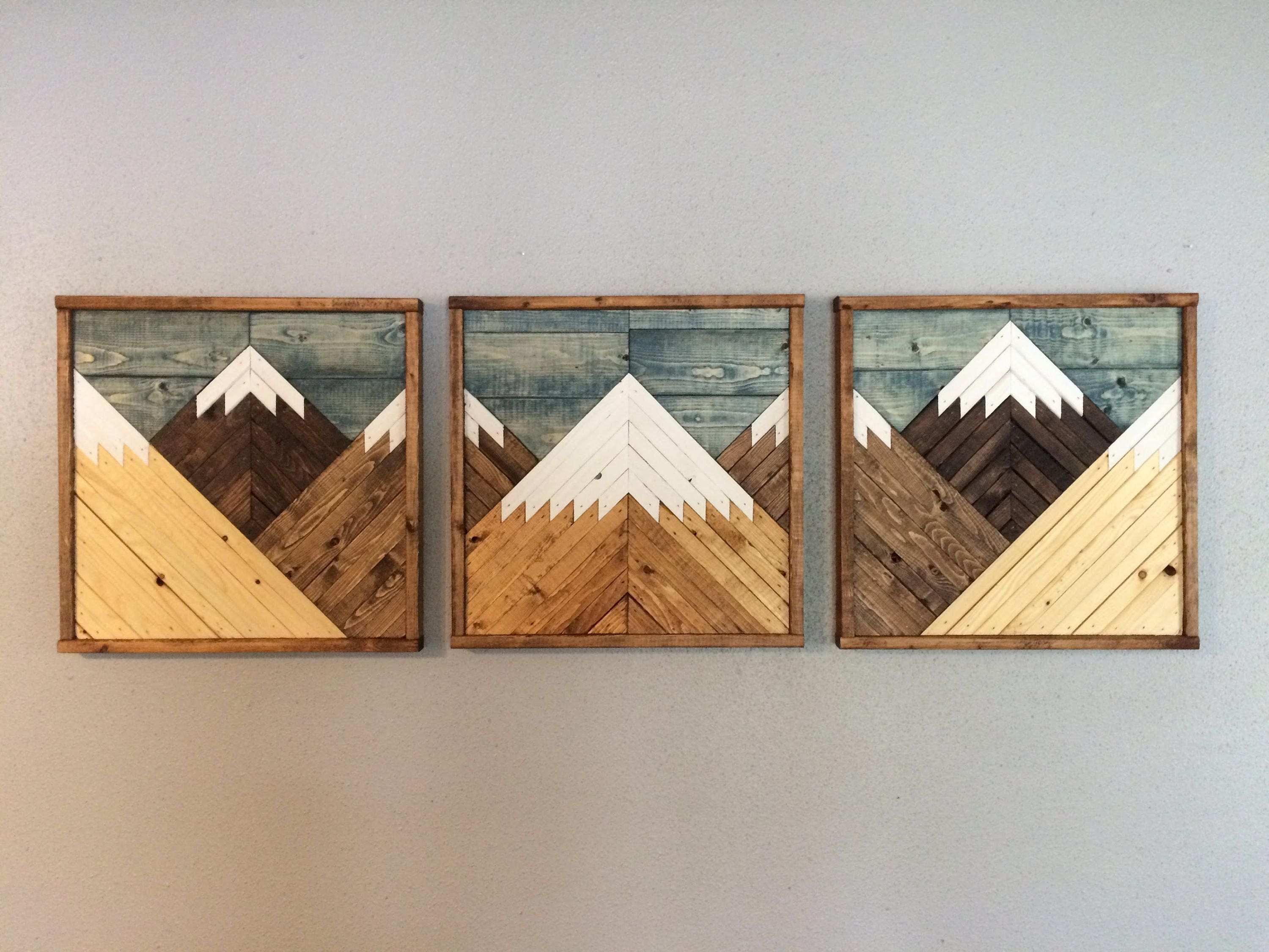 Stained Mountain Tops Set Of 3. Reclaimed Wood Wall Art. Wood