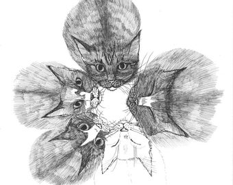 Kitten Star ORIGINAL artwork ink drawing on paper 8 x 8