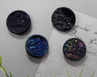 4 Antique Black Glass Picture Buttons Architectural Buildings