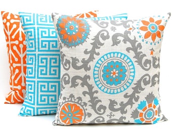 Decorative Pillow Covers, Turquoise and Orange Pillow Covers, Set of Three 18 x 18, Turquoise Pillow Covers, Orange Pillows, Sofa Pillows