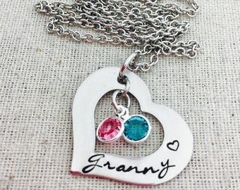 Personalized Grandma Birthstone Necklace-Hand Stamped