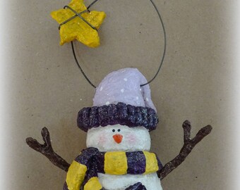 Handmade Snowman Ornament Purple and Yellow, Snowman Decor, Christmas Decoration, Snowman Sculpture