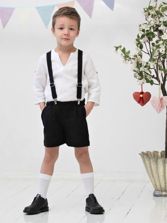 Boys shorts Toddler boy linen shorts and suspender set Black