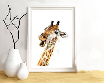 Giraffe print on paper drawing illustration, animal painting mixed media (paint, pastels, pencils...).
