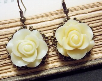 Yellow and Bronze Filigree Rose Earrings