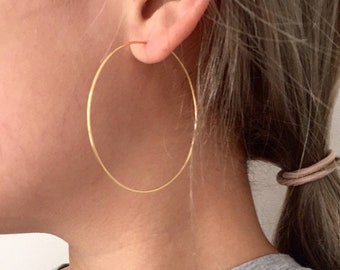 Simple thin wire hoop earrings, 50mm hoops, 2inch, 1inch gold filled