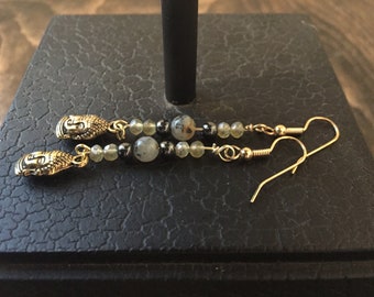 Hematite, Gold, Buddha, Drop Earrings