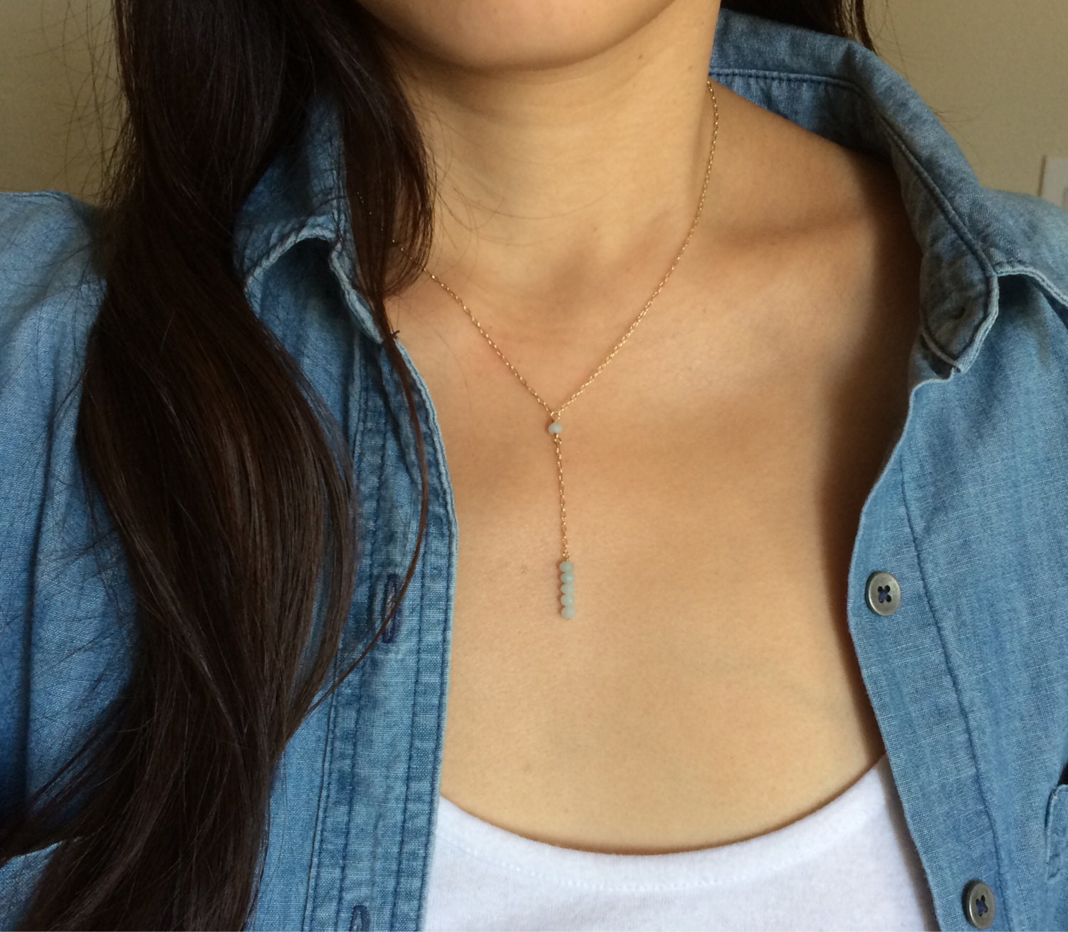 Gold Blue Amazonite Lariat Drop Necklace also in Silver and