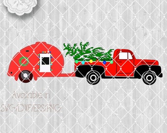 Red Truck, Tear Drop Trailer with Christmas Ford Pickup SVG File, Cut Files Old Pickup truck Vector Clipart Available Svg,Dxf,Eps,Png