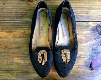 Joan & David Black Suede Flats with Gold Tassel