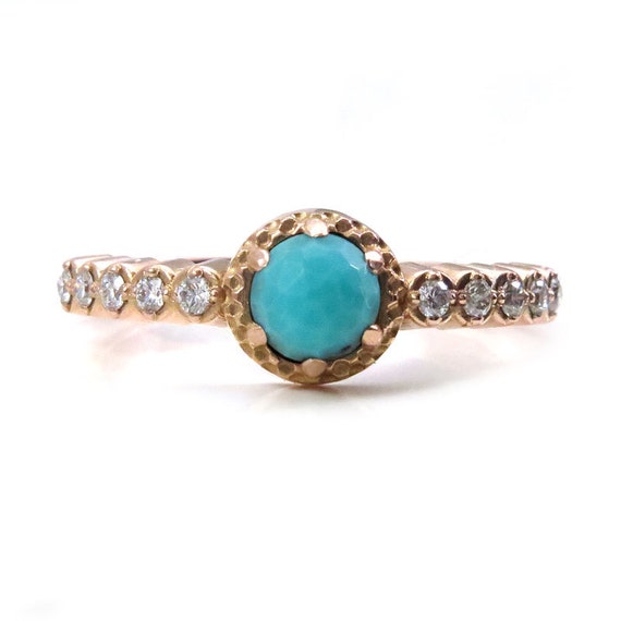 Rose Cut Turquoise and Diamond Engagement Ring - 14k Rose Gold Modern Art Deco Jewelry