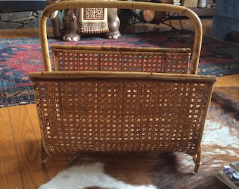 vintage bamboo and wicker magazine holder, book holder, bohemian style