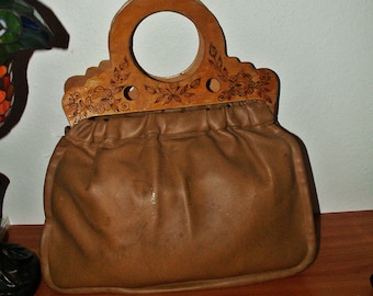 Vintage wooden carved handle handbag/fired handmade hadle/1960s