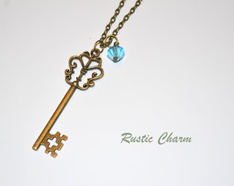 Personalized Birthstone Crystal Brass Skeleton Key Pendant Necklace