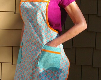 Retro Kitchen Apron - Aqua and Orange - Size Small