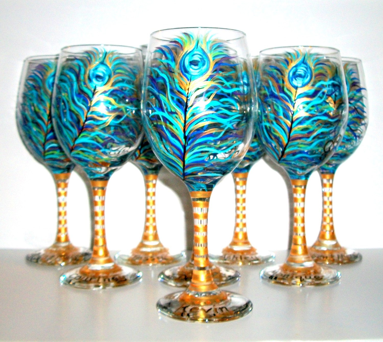 Peacock Feather Bridesmaids Wine Glasses Hand Painted Set of 8