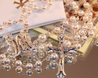 Catholic Swarovski White Pearl Rosary