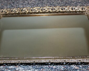 Vanity Tray Mirror Vintage Vanity Mirror Tray Gold Dresser Tray Jewelry Tray Perfume Tray Filigree Gold Tray