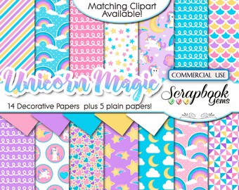 UNICORN MAGIC Digital Papers, 19 Pieces, 12" x 12", High Quality JPEGs, Instant Download, magical, pegasus, girl's birthday party, rainbows