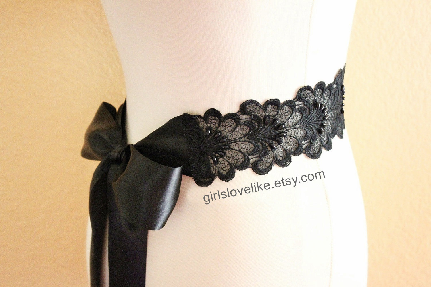 Black Beaded Lace Sash Bridal Black Sash Bridesmaid Black