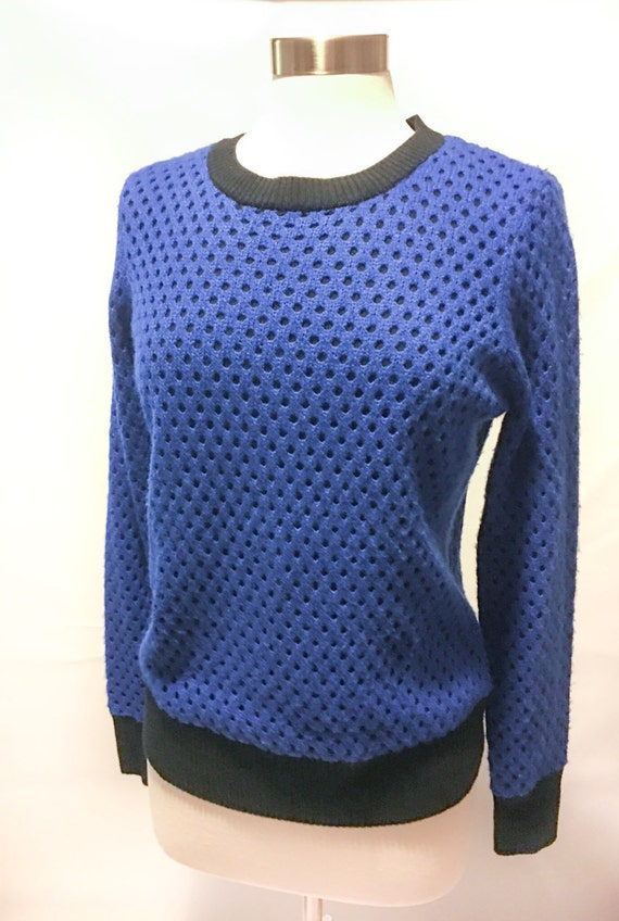 Vintage Blue and Black Double Knit Sweater Pullover