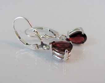 Garnet Leverback Earrings, Garnet Earrings, 9x6mm Mozambique Garnet Gemstone, Sterling Silver, January Birthstone, Red Garnet Jewelry