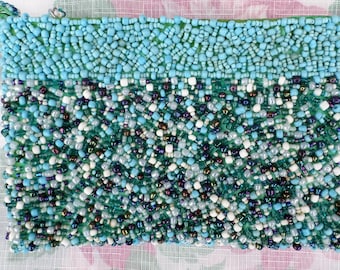 Handmade Shades of Blue Beads Purse Wristlet Case Torquoise, Navy Blue, White Colors - Vintage, Pre-Owned