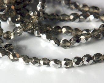 Czech glass x 50, Smoky-grey Silver AB, 6mm round , fire polished beads