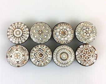 Set of 8 Gold and White Mandala Cabinet Knobs
