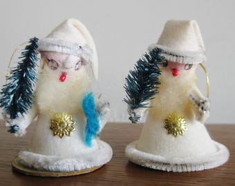2 Vintage Spun Cotton Santa Claus Chenille Pipe Cleaner Felt Christmas Decorations Ornaments