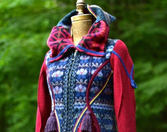 Patchwork boho Sweater COAT, fantasy art to wear refashioned clothing, up cycled one of a kind Eco-Couture. Size Small. Ready to ship