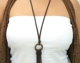 Minimalist Necklace, Fringe Necklace, Long Necklace, Boho jewelry, Boho Leather Necklace, Hippie Leather Necklace, Bohemian Necklace