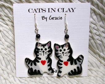 Grey Striped Tabby With Heart Cat Shaped French Wire Earrings Handmade In Kiln Fired Clay by GMS
