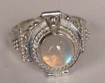 Beautiful Sterling Silver Geniune Rainbow Moonstone Poison Ring, Sterling Silver ring size 6 1/2, size 7 and size 8