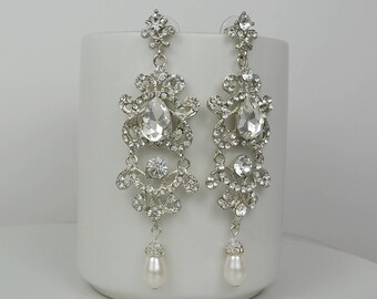 Bridal Crystal Earrings, Swarovski Drop Pearls, Swarovski Bicone Crystals Ivory White Champagne Ashley - Ships in 1-3 Business Days