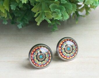 Mandala Posts Zen, Small Stud Art, Mandala Earrings Zen, Trending Bohemian Stud, Colorful Jewelry, Glass Ear Posts, Cabochon Design Gypsy