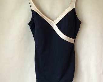 Vintage Navy Blue and White Swimsuit - Size 16 - Bathing Suit - Swim Suit - Gold - One Piece