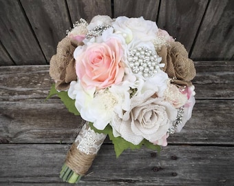Rustic Elegance Bouquet, Rustic Bouquet, Blush and Ivory Bouquet, Burlap Bouquet, Burlap Brooch Bouquet