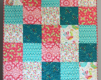 Baby Girl Quilt- Teal Coral Pink- Teal Baby Quilt- Coral Baby Quilt- Baby Quilt For Girls- Birds and the Bees Tamara Kate- Homemade Quilt