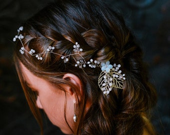 Wedding opal crystal floral hair vine Bridal silver opal hair piece Silver leaf hair comb delicate Bridal hair vine comb Prom hair vine