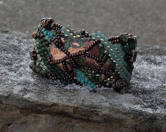 Jewelry - Free Form Peyote Stitch Beaded Bracelet - Bead Weaving - Splash Copper - Turquoise - Copper - BOHO